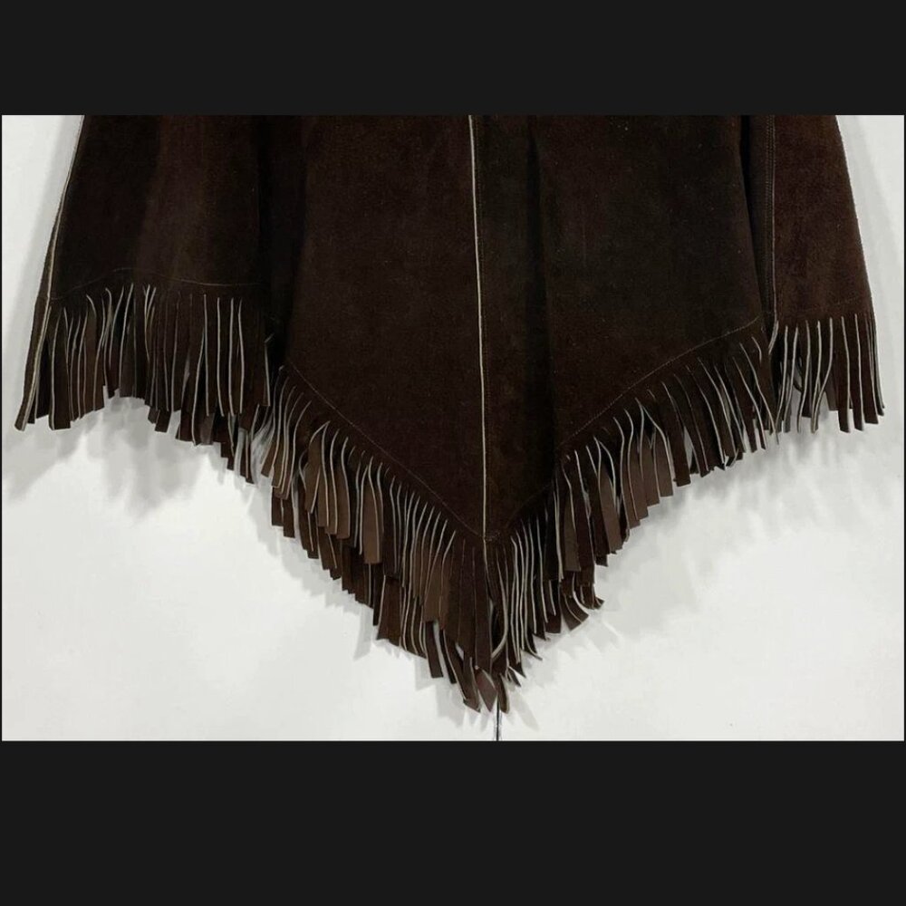 Vintage 70s Brown Suede Leather Fringe Poncho Cape Western Boho Hippie Beaded - Picture 4 of 7